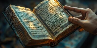 Hand holding old book with Arabic text under a warm light creating a nostalgic atmosphere photo