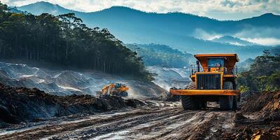 Heavy machinery operates in a large open-pit mine with a forested mountain backdrop photo