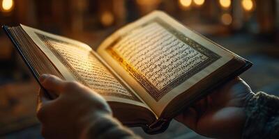 Close-up of hands holding open a book with Arabic text in soft golden light photo