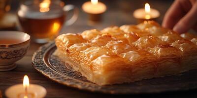 Golden Baklava Delight with Tea and Candles Creating a Warm and Inviting Atmosphere photo