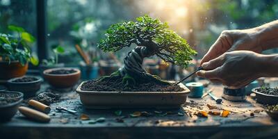 Carefully tending to a bonsai tree with precision tools on a wooden table photo