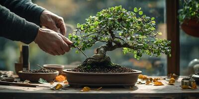 Hands Pruning a Bonsai Tree on a Wooden Table with Fall Leaves Surrounding the Scene photo