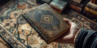 Close-up of a hand holding a book with intricate gold patterns and a detailed carpet below photo