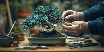 A person carefully shapes a bonsai tree using wire in a well-lit workshop setting photo