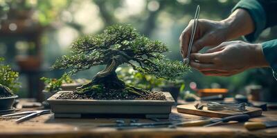 Close up on hands meticulously trimming a bonsai tree with tools on a wooden table photo