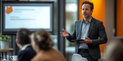 Man presenting a business meeting with a tablet and a large screen in the background photo