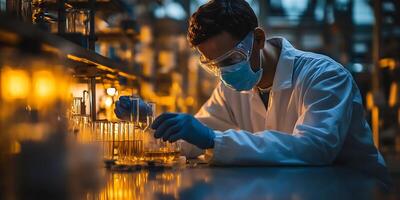 Scientist working in laboratory wearing mask and goggles conducting research analysis photo