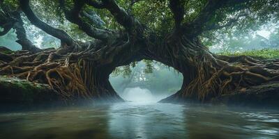 Mystical trees form archways over a river with a misty forest backdrop in a nature scene photo