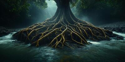 A large ancient tree with intricate roots exposed by a flowing river in a misty forest setting photo