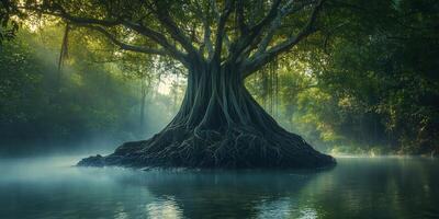 A majestic tree with sprawling roots stands in a serene river at twilight offering ethereal and calming beauty photo