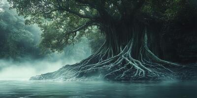 Mystical ancient tree with roots overhanging a misty river in an enchanted forest photo