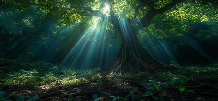 Sunlight filters through the canopy of a lush forest, illuminating a large tree with exposed roots photo