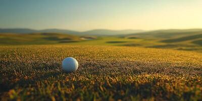 Golf ball resting on a course at sunset with rolling hills in the background photo