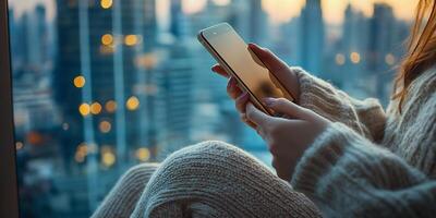 Woman using a smartphone in front of a large window with city lights at dusk in the background photo