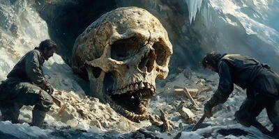 Exploration of a Giant Skull in a Snowy Mountain Setting with Two Digging Individuals photo