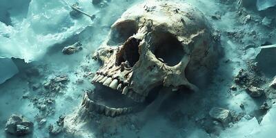 Ancient Skull Fossilized in Icy Terrain with Scattered Debris and a Broken Bone photo