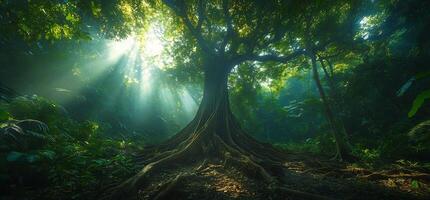 Sunlight filters through a large tree in a lush forest creating a peaceful scene photo