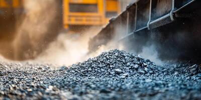Heavy machinery dumping crushed rocks and creating a cloud of dust on construction site photo
