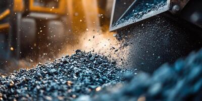 Heavy machinery loading crushed rock with dust particles in an industrial setting photo