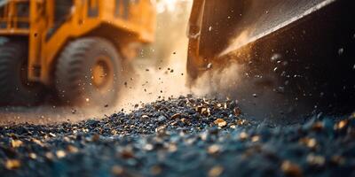 Heavy machinery working in a quarry lifting and dumping dark materials with visible dust photo