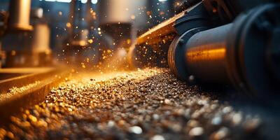 Close-up of industrial machinery processing golden material with sparks and particles in motion photo