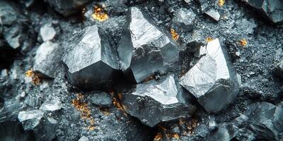 Close-up view of gray crystals with small specks of gold in a dark rock setting photo