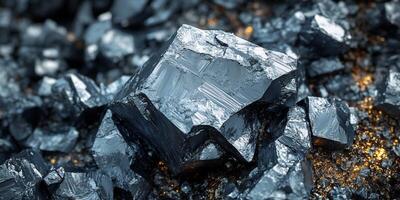 Close up of rough, metallic gray mineral fragments with shiny, reflective surfaces and golden specks photo