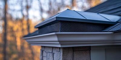 Close-up view of a house roof vent showing the mesh and the roof tiles and gutters photo