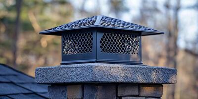 Close up of a black chimney cap with a diamond pattern on a stone base photo