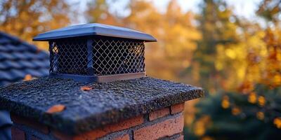 Close up of a Chimney top with trees in the background during autumn photo