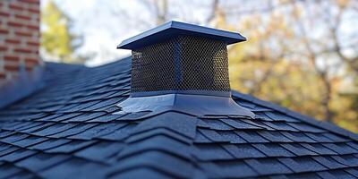 Close-up view of a chimney cap and roof shingles on a house exterior with blurred trees in background photo