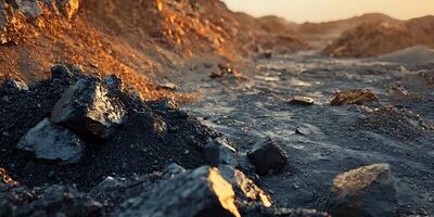 Mining site with rocky terrain and a golden hue at sunset, showing piles of dark rocks and dirt photo