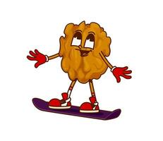 Christmas walnut groovy character riding snowboard vector