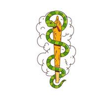Retro hippie groovy snake on stick Caduceus symbol vector