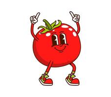 Cartoon groovy tomato character with raised hands vector