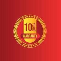 10 years warranty 3d gold badge with gold ribbon red background vector