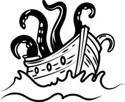 Octopus attack on a boat, icon in doodle style vector