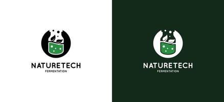 Biotechnology fermentation logo design with a glass icon covered in a leaf icon vector