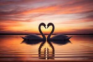 Twilight heart connection two swans creating a heart shape at sunset over calm waters photo