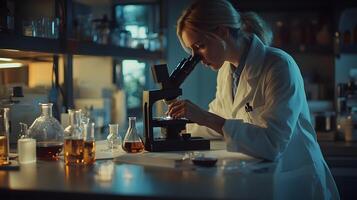 Scientist examines sample using microscope in lab at night photo