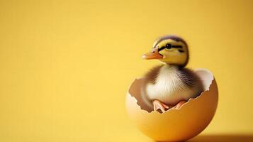 Cute duckling hatching, yellow background, studio shot, springtime photo
