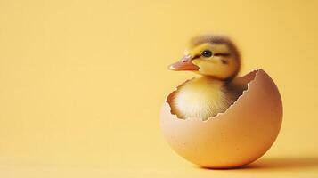 Duckling hatching, yellow background, studio shot, springtime photo