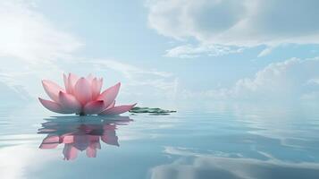 Pink lotus flower floats on calm water, serene sky background peace, tranquility photo