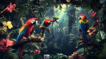 Rainforest Macaws Perched, Lush Jungle, Sunlight photo
