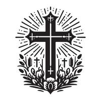 A striking black and white graphic design featuring a Christian cross set against a stylized landscape of mountains at dawn or dusk. vector