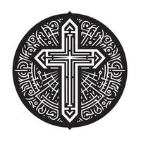 A stylized, white outline Christian cross design set against a dark background. vector