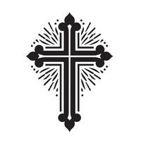 black and white, ornate circular design featuring a prominent Christian cross at its center. vector