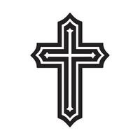 black and white graphic of a Christian cross set within a circular design with intricate details. vector