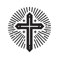 Faith-filled cross with mountain backdrop, perfect for inspirational designs. vector