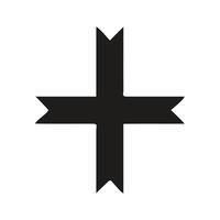 A graphic design of a cross set against a backdrop of stylized mountains and sunburst rays. vector